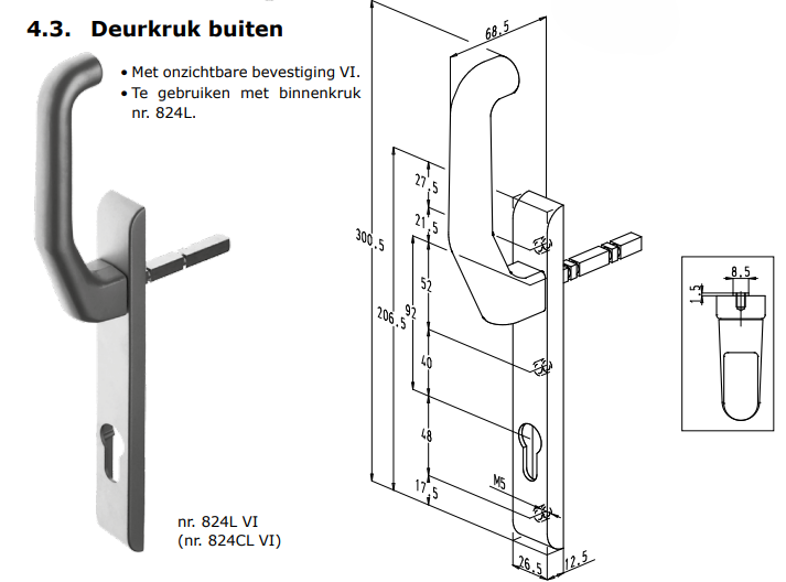 824L Sobinco penta-lock schuifdeurkruk